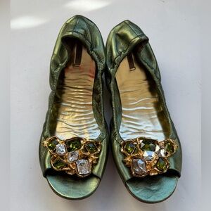 Miu Miu Green Satin Flats with Gold Embellishments